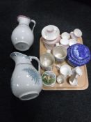 A tray containing an antique china tea service, Ringtons caddy, Goss beaker,