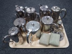 A tray of twentieth century plated teapots together with a collection of plated napkin rings