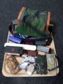 A tray of rolling stock and accessories, pair of metal handcuffs with keys,