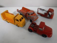 Four play worn vintage die cast vehicles to include 'Spot On' 122 Milk Float (United Dairies) etc