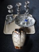 A tray of silver plated items including Elkington candelabrum, cocktail shaker,