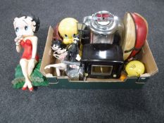 A box of vintage style radios, Betty Boop figures,