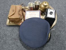 A tray of Navy hat, brass tray, British Empire exhibition caddy,