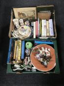 Two boxes of books, place mats, china flower posies, commemorative mugs,