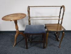 An antique pine pedestal occasional table together with a pine towel rail,