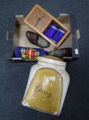 A box of French style storage jar, boy's brigade banner, wooden clogs,