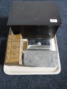 A tray of antique wooden storage box, silver plated cigar boxes, miniature sideboard.