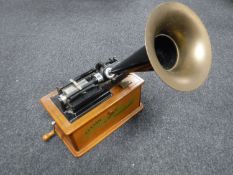 A reproduction classic home phonograph with horn