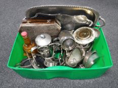 A box of twentieth century plated wares, serving trays, stands,