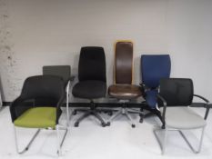 Three swivel office chairs and three office armchairs