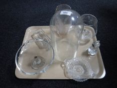 A tray of glass, WMF crystal comport, Caithness glass vase,