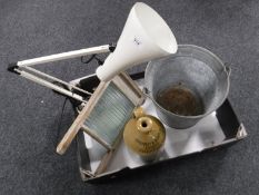 Vintage angle poise lamp together with a tin bucket and advertising flagon - Wheatley and Bates