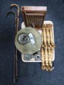 A tray of a table top bagatelle game, brass candlestick,
