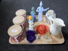 A tray of Avon scent bottles, Chinese style redware cup and saucer, Staffordshire storage jars,