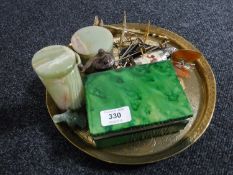 An Indian brass tray together with malachite style box, miniature grinder,