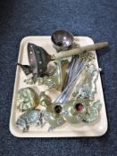 A tray of brass, good brass figures, Arts and Crafts style candlesticks,