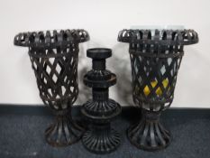 Two metal hurricane lamps,