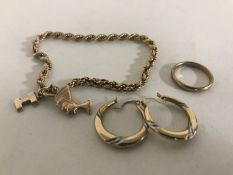 A 9ct gold wedding band together with a pair of 9ct gold earrings and a 9ct gold bracelet with two