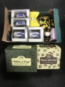 A box of Ringtons boxed blue and white china, two boxed Ringtons figures,