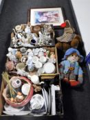 Four boxes containing soft toys, tea china, china planter, ornaments,
