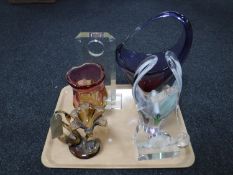 A tray of Victorian hand blown glass vase together with three studio glass vases and two trophies