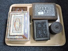 A tray of antique and later inlaid jewellery casket etc