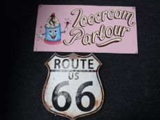 A Route 66 American style sign together with an Ice cream sign