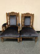 A pair of lady's and gents walnut framed salon armchairs