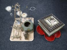 Two trays of vases, candle holders, miniature metal easels,
