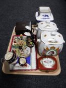 Two trays of continental figures, Ringtons vase and caddy, Wedgwood Etrura coronation trinket box,