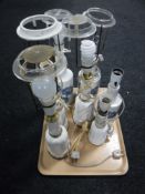 A tray of seven china table lamps (continental wiring)