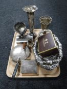 A tray of 20th century plated wares - fluted vase, coal helmet with scoop,