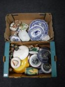 Two boxes containing late nineteenth century blue and white willow patterned ashets and terrines,