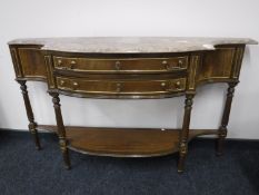 A marble topped bow-fronted inlaid two-drawer console table,