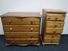 A pine four drawer chest and a narrow five drawer chest