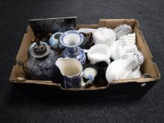 A box of vintage telephone, brass wall sconces, china, photo frame,