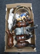A box of china shire horses, pair of wall plates, Beswick huntsman (damaged), metal candle holder,
