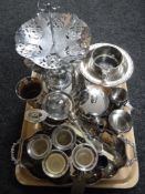 A tray containing silver plated wares including miniature wine coolers, cutlery, vases,