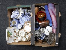 Three boxes of Victorian tea china, blue and white china, table covers,
