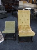 A mahogany framed nursing chair in gold fabric and a gout stool