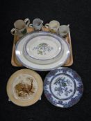 A tray of two antique plates, two antique meat plates,