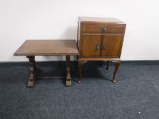 A walnut beside cabinet and a refectory coffee table