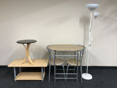 A contemporary kitchen table with two stowaway chairs, two tier coffee table,