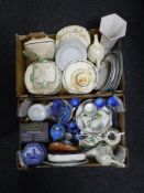 Two boxes and a wicker picnic basket containing Star Wars Darth Vader figure, assorted dinner ware,