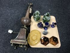 A tray of decorative glass ware, Beswick Gleneagles scotch whiskey decanter, ornate metal lamp base,