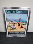 A framed railway advertising picture,