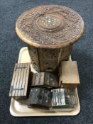 A tray of three Austrian wooden music boxes, miniature oak table lamp in the form of a coffer,