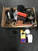 A box containing kitchen electricals, cameras, Music mate, karaoke machine,