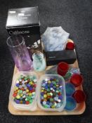 A tray of assorted glass ware including Art Deco shade, Caithness vases,