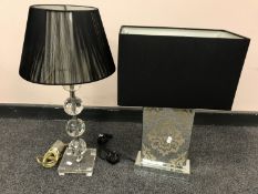 A contemporary mirrored table lamp with shade together with one other cut glass table lamp.
